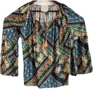 NWT- Johnny Was 'Miza' Patchwork-Print Bell-Sleeve Tunic Top, Multi -Size XSmall